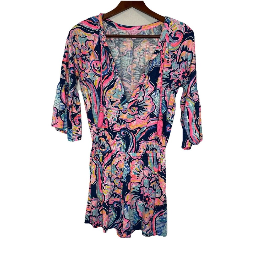 Lilly Pulitzer Womens XXS Blue Pink Romper Elastic Waist Bell Short Sleeve VNeck